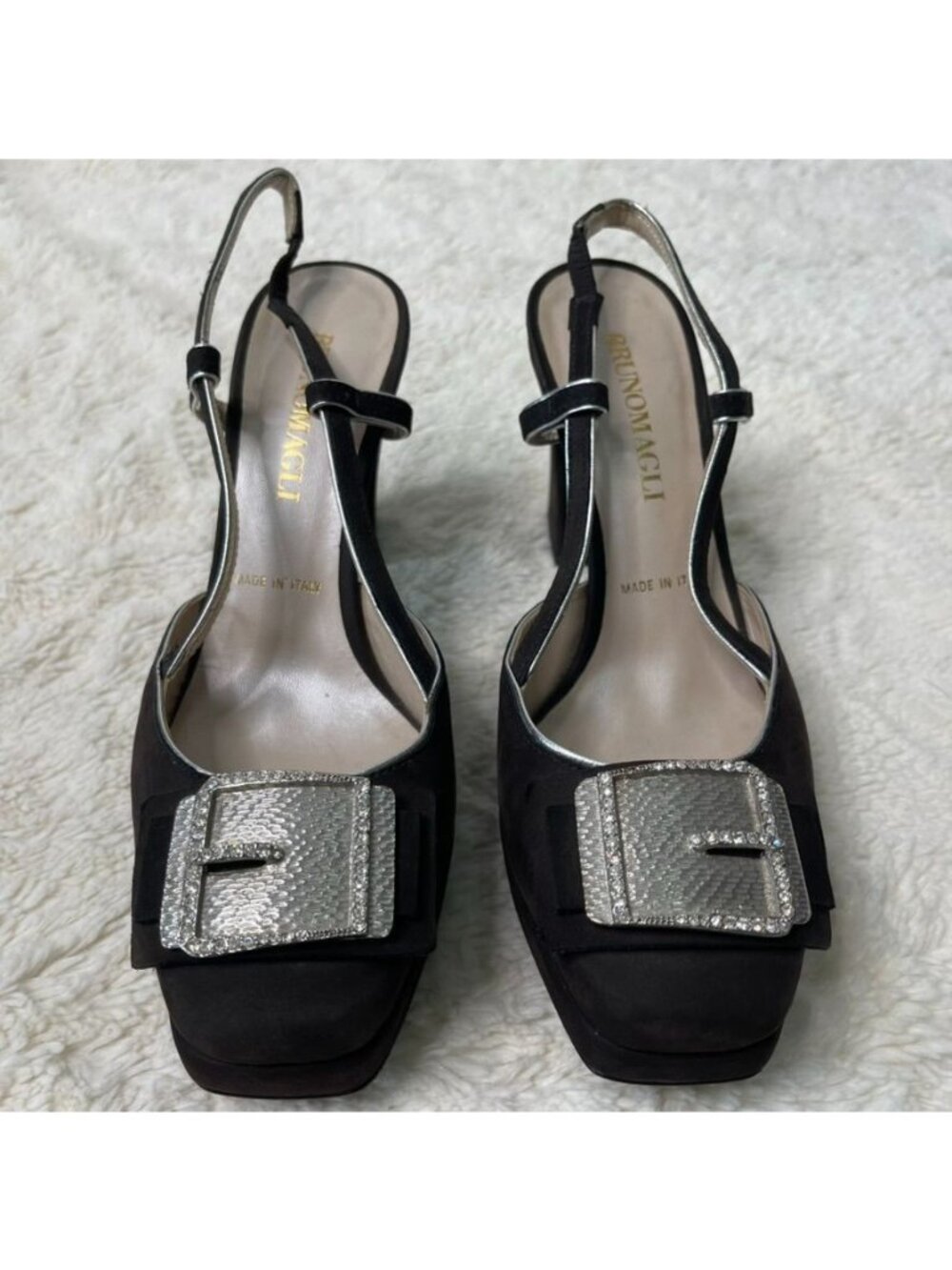 BRUNO MAGLI Black Satin Slingback Heels Crystal Buckle Italy Womens Size 36 US 6